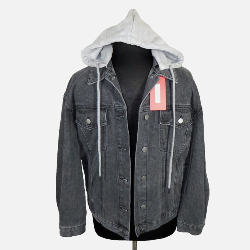 Men's Detachable Hood Layered Look Gray Denim Jean Jacket Size Medium